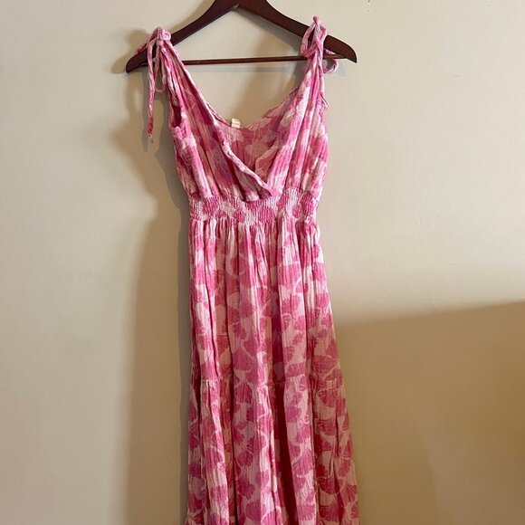 LIKE NEW - 100% Cotton Gauze Tie Strap Maxi Dress - Pink Print - Picture 4 of 5
